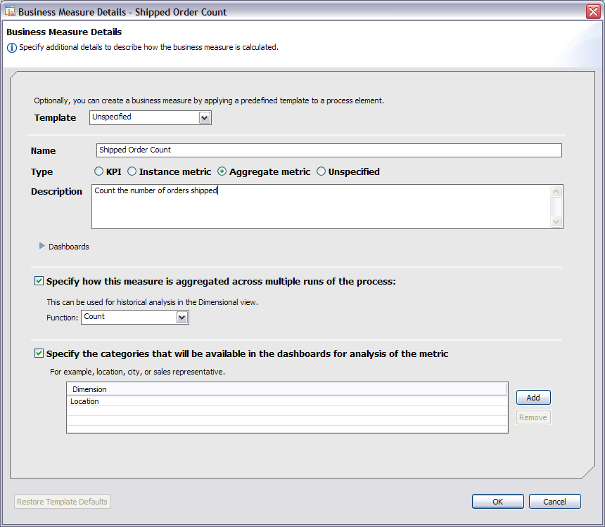 Business Measure Details - Shipped Order Count window