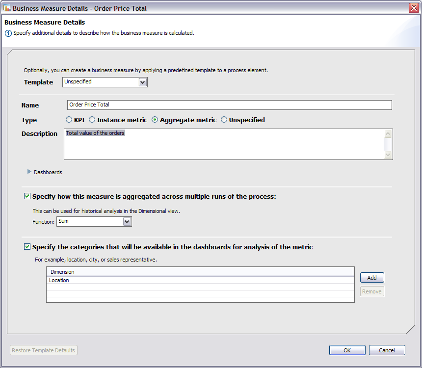 Business Measure Details - Order Price Total window