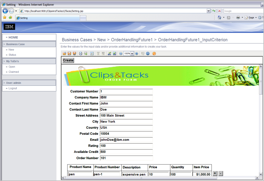 Create a business process instance