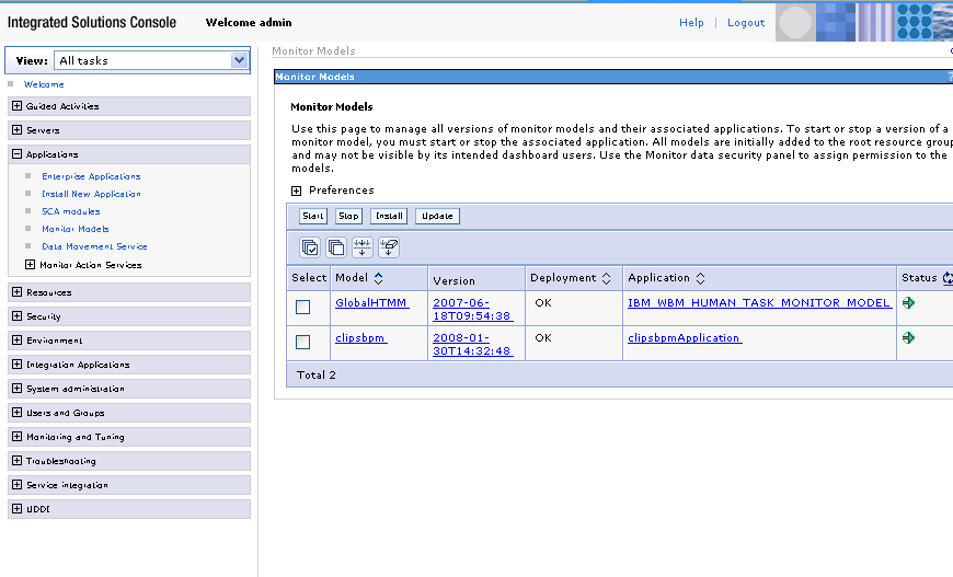 Monitor model administration page