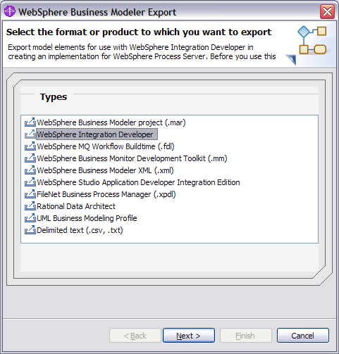 WebSphere Business Modeler Export wizard