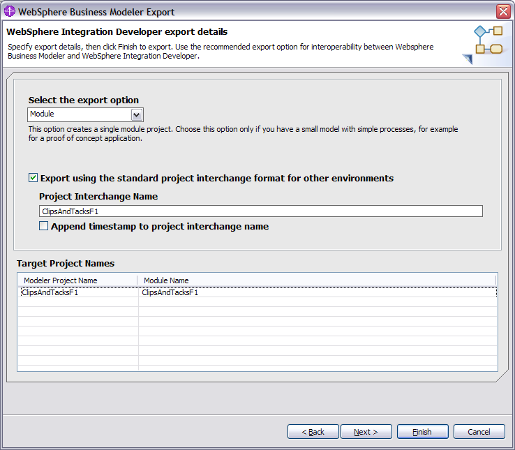 WebSphere Business Modeler Export wizard details