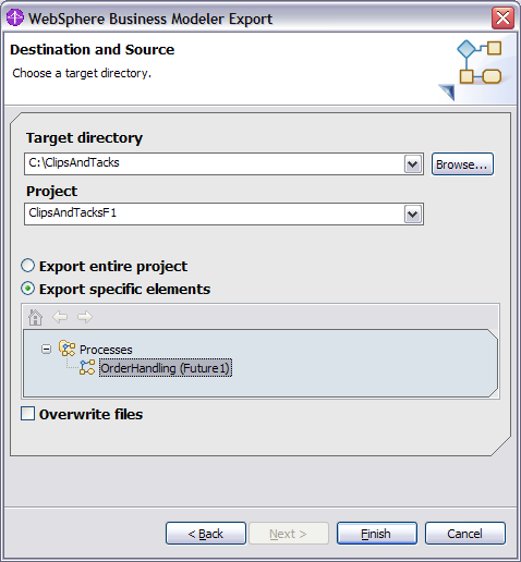 WebSphere Business Modeler Export wizard, Destination and Source