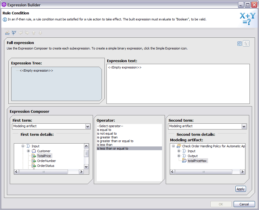 Expression Builder (for the rule condition) with settings