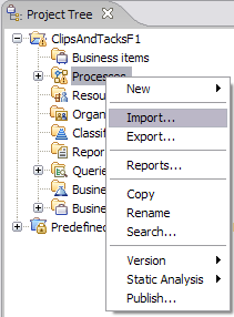 Project Tree, Processes > Import menu