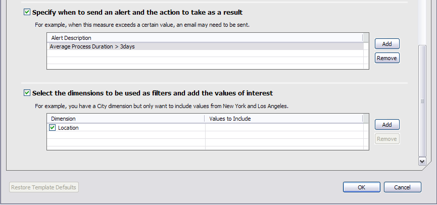 Selection options for specifying when to send an alert and for dimensions to be used as filters