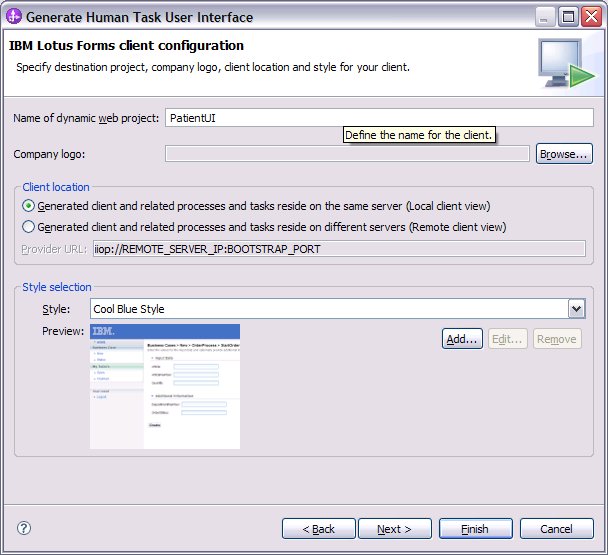 Lotus Forms client configuration panel