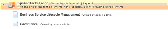 ClipsAndTacks Fabric business space showing the Business Service Lifecycle Management and Governance options.