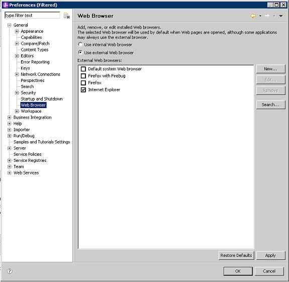 Web Browser Preferences window