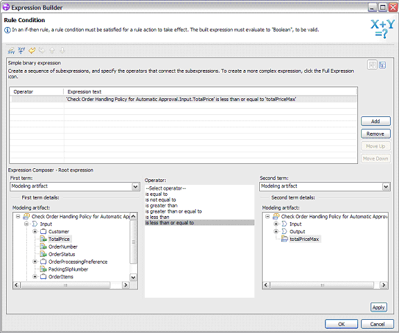 Expression Builder (for the rule condition) with settings