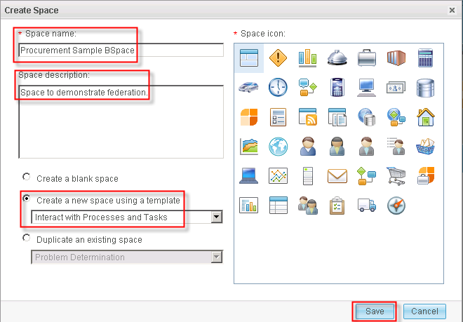 space name and template selection
