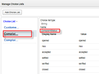 Choice List Complaint Status