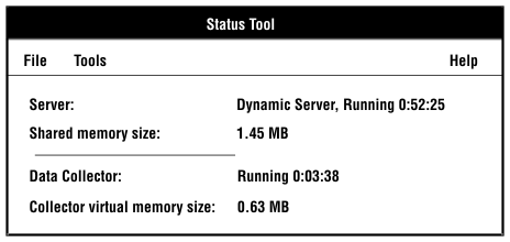 begin figure description -  The status tool also displays how long Dynamic Server has been running and the size of shared memory.  The options Tools and Help are available in the title bar. - end figure description