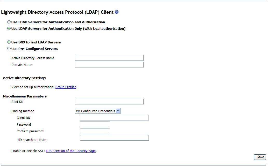 Graphic illustrating the LDAP client setup page for Active Directory authentication with local authorization using DNS.